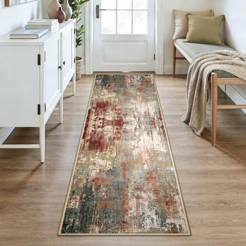 RELEANY Washable Runner 3'x8' Abstract Area Rug for Hallway Rustic Brown - Image 2