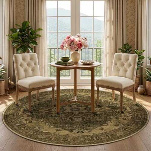 RELEANY Washable Area Rug, Round 5ft, Brown/Dark Brown - Image 3