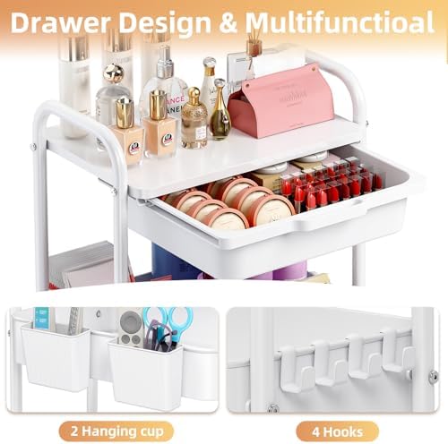 KINGRACK 3 Tier Metal Rolling Cart with Drawer, White Utility Storage Cart | 2 Cups & 4 Hooks, Lockable Wheels, Trolley Organizer for Bathroom, Kitchen, Office, Nursery, Dorm, Laundry, Craft Room - Image 5