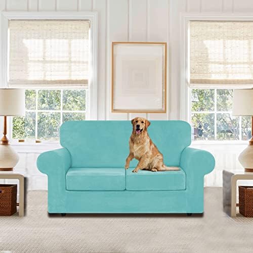 WEERRW Velvet Stretch 3 Pieces Couch Cover for Sofa Washable, Aqua - Image 2