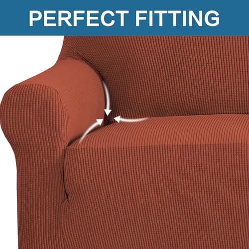 H.VERSAILTEX Stretch Sofa Covers for 3 Cushion Couch Covers Sofa Slipcovers for Living Room Feature Thick Checked Jacquard Fabric with Elastic Bottom, Sofa Large - Rust - Image 5