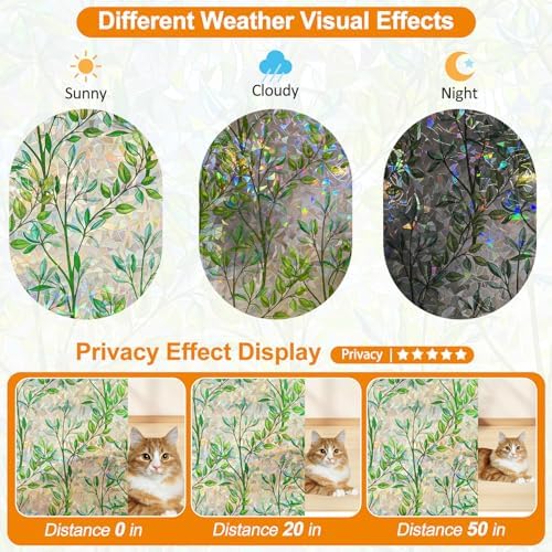 Countewol Privacy Window Films Stain Glass Cling No Glue Anti-UV Window Sticker for Bathroom Bedroom Living Room(Leaf Rainbow 157.4" L*45.27" W) - Image 3