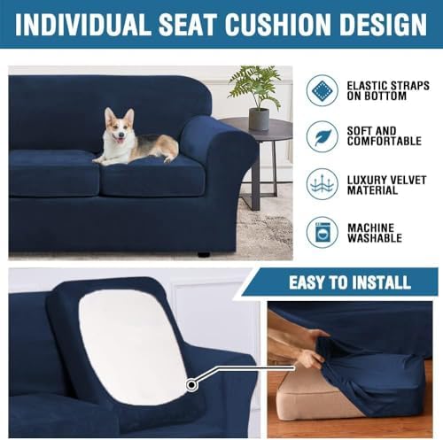 H.VERSAILTEX High Stretch Sofa Slipcover 4 Piece Cover Velvet Furniture Protector Form Fit Thick Velvet Extra Large Sofa Cover for 3 Cushion Couch Width Up to 97 Inch (Large Sofa, Navy) - Image 6