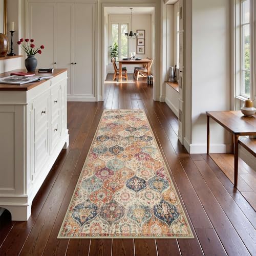 Lahome Moroccan Washable Kitchen Runner, 2x7 Runner Rug with Rubber Backing Non Slip, Vintage Hallway Rug Throw Carpet for Hallways Bedroom Laundry Room Entryway Elise, Cream/Multi - Image 5