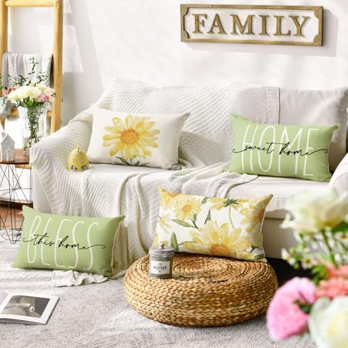 AVOIN colorlife Home Sweet Home Spring Summer Flowers Green Throw Pillow Covers, 12 x 20 Inch Cushion Case for Sofa Couch Set of 4 - Image 2