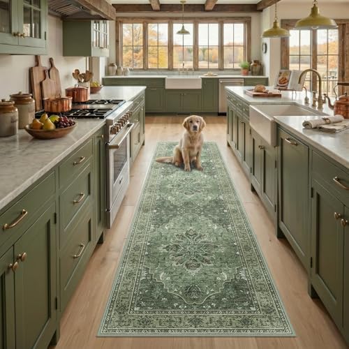 RELEANY Washable Area Rug, Runner 2'6"x8', Green/Dark Green/Gray by RELEANY