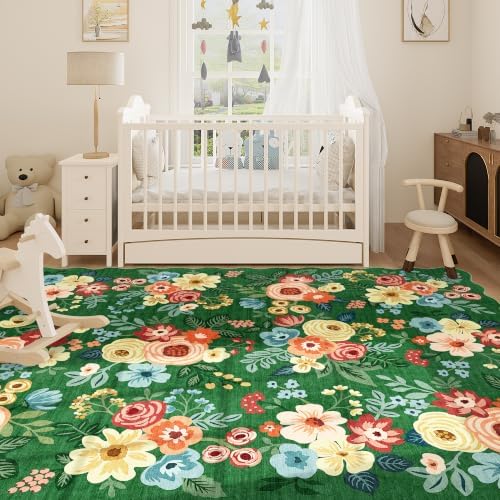 DUKINO 8x10 Area Rug for Living Room, Soft Floral Washable Rug, Dark Green - Image 5