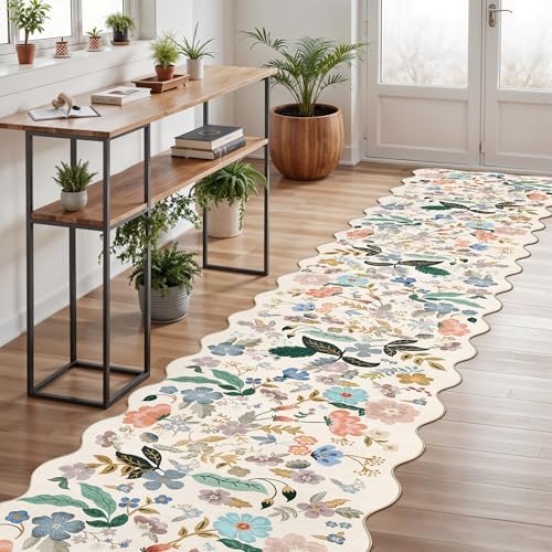 Washable 3x12 Hallway Runner Rug: Soft Floral Scalloped Runners for Entryway Kitchen Nursery Non Slip Bathroom Laundry Floor Mat Water Resistant Light Weight Carpet for Living Room Bedroom(3x12,Cream) - Image 3