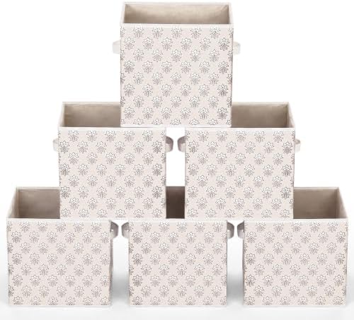 Bokon 6 Pcs 11'' Block Print Storage Bins Cube Beige Floral Storage Basket by Bokon