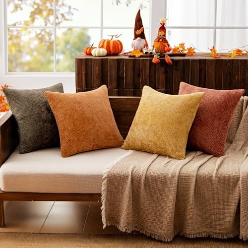 MIULEE Decorative Chenille Fall Pillow Covers Orange Brown 20x20 Pack of 4 - Image 2