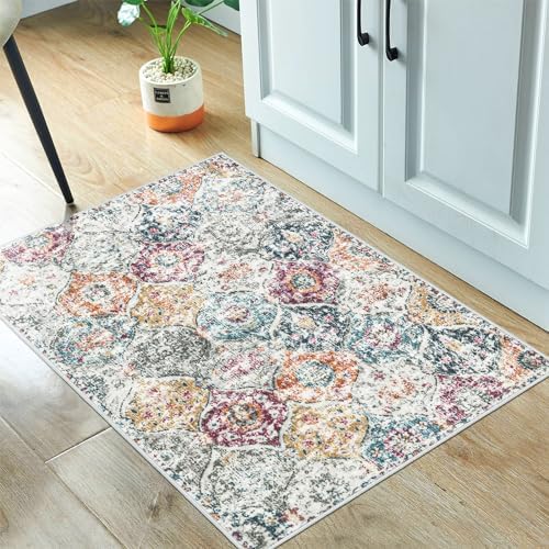 Lahome Moroccan Trellis Entryway Rug, 2x3 Kitchen Rugs Non Slip Washable, Non-Slip Indoor Door Mat Ultra-Thin, Small Throw Carpet for Bathroom Bedroom Entry Elise, Aqua/Multi by Lahome