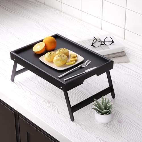 Fibogollo 4 Pack Bamboo Bed Tray Table with Folding Legs,Breakfast Trays,Serving Tray,Laptop Trays for Working,Food Snack Tray for Bed and Sofa(Black) - Image 6