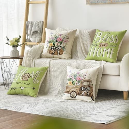 AVOIN colorlife Bless Our Home Eucalyptus Leaves Throw Pillow Covers, 18 x 18 Inch Spring Truck Cushion Case for Home Sofa Couch Set of 4 - Image 2