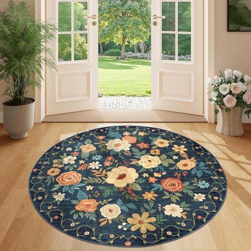 DUKINO 4ft Round Rug, Floral Washable Small Round Area Rug, Navy Blue - Image 5