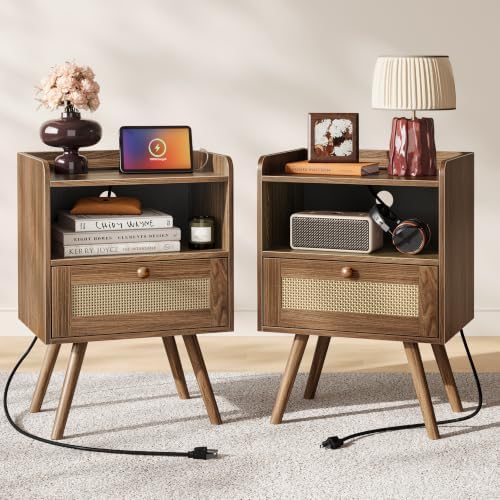 SUPERJARE Nightstands Set of 2, Night Stands with Charging Station, Walnut by SUPERJARE