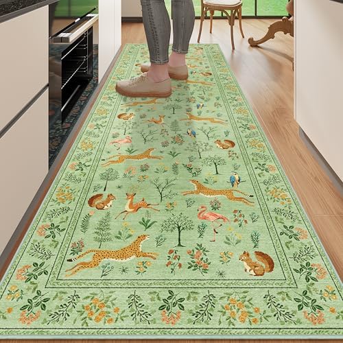 DUKINO 2x10 Rug for Hallway, Washable Kitchen Runner Rug with Non Slip Backing, Soft Low Pile Vintage Animal Runner for Bedroom, Kitchen, Hallway, Entryway, Laundry, Light Green by DUKINO