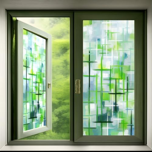 Abstract Privacy Window Film, Green Blue Decorative Privacy Film, Removable Static Cling Window Film for Kitchen Bathroom Renters 17.5 x 39.4 Inch by KKYEJLQYI