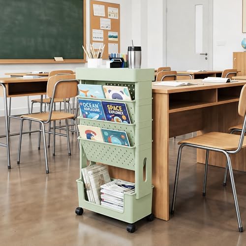 5-Tier Rolling Bookshelf Magazine Rack with Wheels Green - Image 4