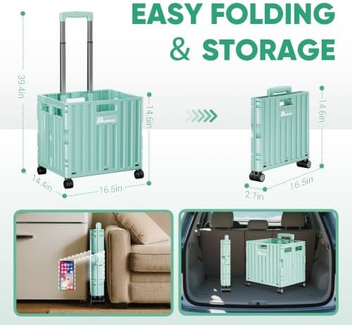 Folding Utility Cart with Lid, Portable Rolling Crate Handcart Collapsible Shopping Trolley, Durable Plastic Foldable Tool Basket with 4 Rotate Wheels for Grocery, Office, Luggage, School - Cyan - Image 4