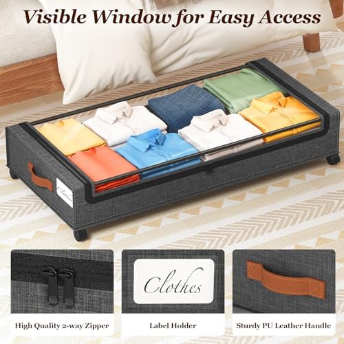 Yecaye 70L Under Bed Storage with Wheels, 2Pack Larger Capacity Under Bed Storage Containers, Underbed Shoe Storage Organizer, Rolling Under Bed Metal Drawers for Shoes, Clothes, Hemp Grey - Image 5