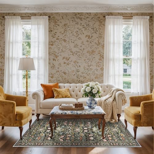 3x6 Washable Hallway Area Rugs: Vintage Floral Entryway Kitchen Runner Rug Ultra Soft Anti-Slip Beside Carpet Indoor Farmhouse Floor Mat for Bathroom Living Room Bedroom Durable Doormat(3x6,Green) by HYHAOYUNLAI