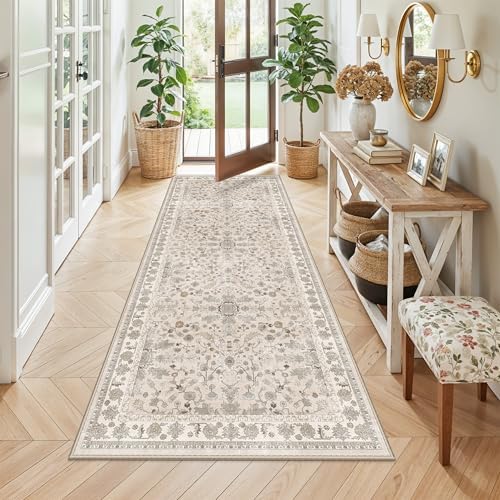 3x7 Washable Non-Slip Kitchen Runner Rug – Soft Low-Pile Stain-Resistant Carpet for Hallway Entryway Bedroom Laundry Room Bathroom – Boho Floral Wide Floor Runner with Rubber Backing (Beige,3x7) by BYYVOORugsforYourHome