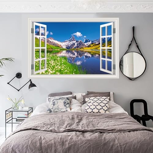 Fake Window Wall Sticker - Mountain Lake Landscape Home Art Decor Mural | Faux Window Spring Blue Sky Cloud Natural Scenery Mural｜ Stick and Peel Wall Decals｜Room Bedroom Office Scene Decor｜24"x16" - Image 6