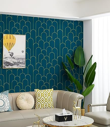 Yasinet Peel and Stick Wallpaper Stripe Removable Blue Contact Paper Blue/Gold Geometric Self Adhesive Decorative for Wall Countertop Cabinet Furniture Vinyl Film 17.3''x393.7'' - Image 3
