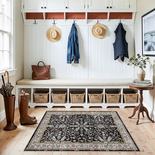 3x4 Entryway Rug Washable Non-Slip–Boho Floral Stain-Resistant Small Area Rug for Kitchen Bedroom Bathroom – Soft Low-Pile Thin Indoor Door Mat (Black,3x4) - Image 4