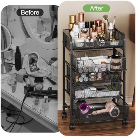 Hongtamoya Makeup Cart Organizer with 4 Drawers, Vanity Storage Organizer, Large Floor Skincare Organizers Cosmetics Display Cases for Skin Care Perfume Nail Polish, Black - Image 5