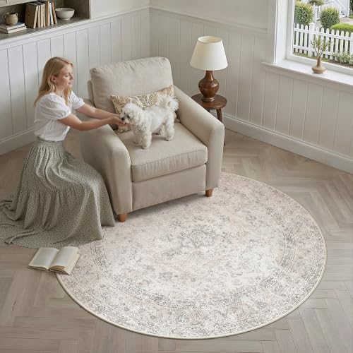 4R Washable Round Rug Beige Grey Non Slip Vintage Carpet - Image 2