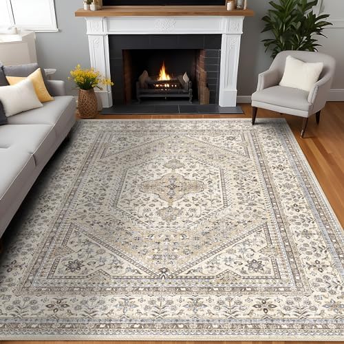 8x10 Washable Area Rug for Living Room - Non-Slip Vintage Rugs Beige Gray by Puino