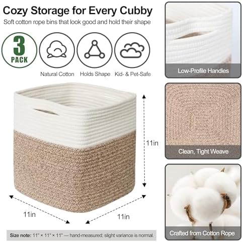 11x11 Cube Storage Bin - 3 Pack Woven Storage Cubes Organizer, 11 Inch Cotton Rope Baskets for Organizing, Square Baskets for Shelves, Baby Nursery Closet Bins, Cubby Toy Box Organizer - Image 2