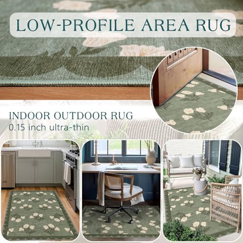 3x5 Floral Entry Rug - Small Washable Indoor Outdoor Mats for Front Door Non-Slip Spring Porch Rug Sage Green Farmhouse Throw Rugs for Living Room Bedroom Entryway Kitchen Office Porch Decor - Image 5