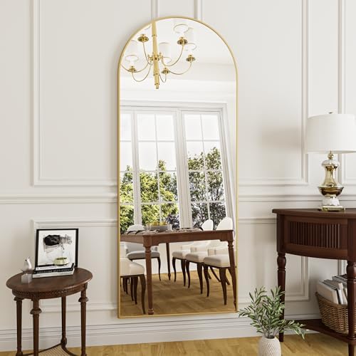 Rowjut Full Length Mirror Arched Floor Length Mirrors, 71"x26" Large Full Body & with Stand&Arch Wall Mounted &Standing Mirror for Bedroom Living Room, Aluminum Frame, Gold - Image 3