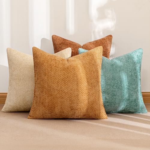 MIULEE Soft Decorative Chenille Fall Pillow Covers Beige Orange Teal 18x18 - Image 2