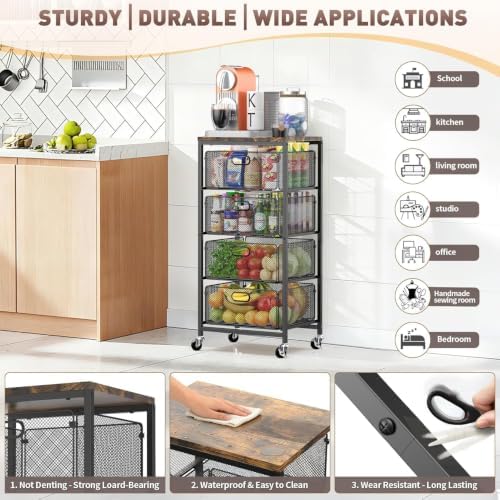 SUNALLY Kitchen Storage Cart with Drawers,Metal Snack Cart Organizer,Black - Image 3