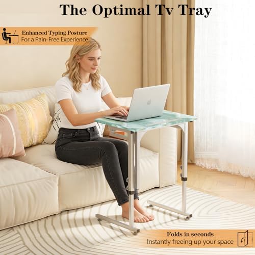 Folding Tv Tray Table,6 Height Adjustable Dinner Snack Slide Under Couch Side Table, Portable Foldable C-Shaped End Table for Eating with Sturdy MDF Top,No Assembly(Sea Blue+Silver) - Image 3