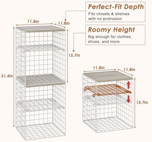 4-Tier Stackable Closet Organizers and Storage, Adjustable Dividers & Wood Top Storage Shelves for Clothes, Wardrobe & Closet Storage Basket Bins/Cube, Space-Saving Closet Organizer System, White - Image 3