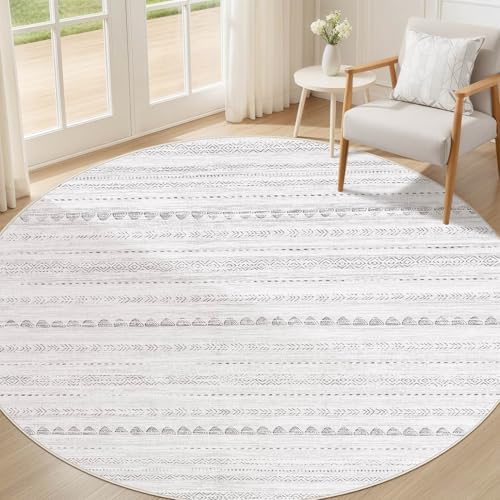 Nakagishi Round Rug Boho Area Rugs: 6x6 Washable Large Circle Neutral Soft Stain Resistant Non-Slip Carpet for Women Aged 25-45 Farmhouse Decor Enthusiasts - Living Room Bedroom Dining Room Nursery by NakagishiAreaRug