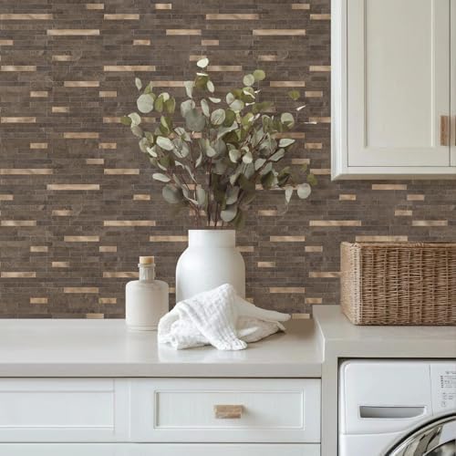 STICKGOO 20 Sheets Peel and Stick Backsplash Tile, Stick on Backsplash for Kitchen and Bathroom, Dark Brown Marble Look PVC Mixed Metal Gold Self Adhesive Wall Tiles - Image 5