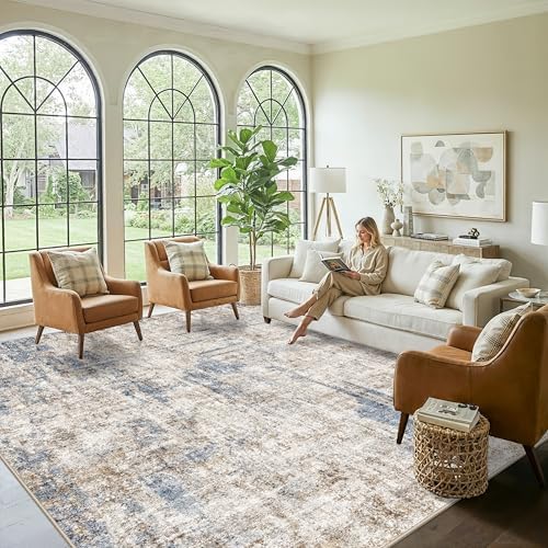12x12ft Square Living Room Rug – Non-Slip Washable Extra Large Floor Carpet for Bedroom, Dining Room, Playroom Room – Modern Abstract Neutral Thin Low-Pile Oversized Indoor Rug (Blue Brown) - Image 3