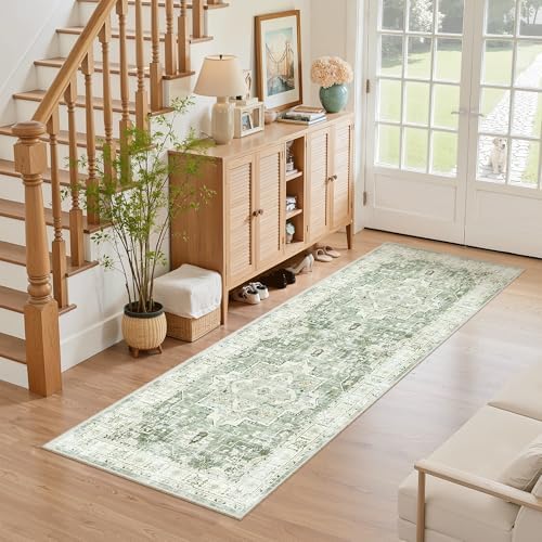 Madane Washable Runner Rug 2x6 Runners for Hallways Non Slip, Green/Ivory - Image 2