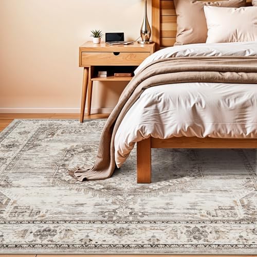 Washable Living Room Area Rug：8x10 Bedroom Rugs - Farmhouse Distressed Printed Floral Carpet - Foldable Non-Shedding Floor Carpet for Dining Room 8'x10' Beige - Image 3