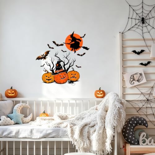 Halloween Pumpkin Witch Wall Decals Peel and Stick, Witch Jack O Lantern Wall Stickers, Removable Vinyl Spooky Wall Decor, Halloween Wall Art for Bedroom Living Room Window Decorations - Image 6