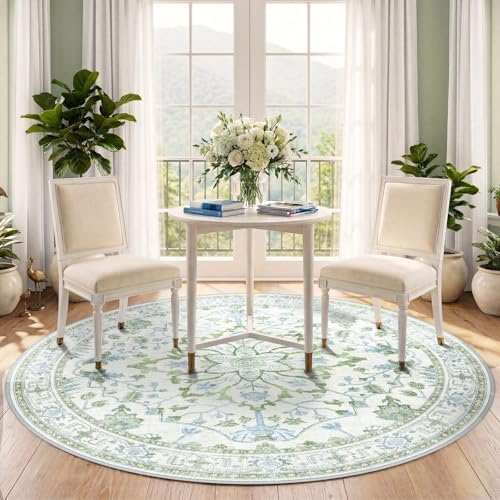 RELEANY Washable Area Rug, Round 5ft, Green/White/Blue - Image 3