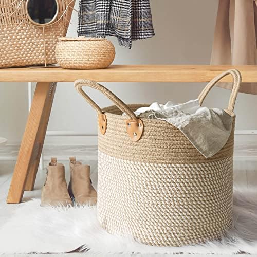 CHICVITA Wicker Storage Basket with Leather Handles, 14" x 12", White - Image 3