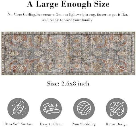 RUGSURE Washable Area Rugs - Perfect for Living Room, Bedroom, Kids Room, Nursery - Stain & Water Resistant Non-Slip, Pet & Child Friendly, Vintage Tribal Area Rugs (Turmeric and Grey, 2'6'' x 8') - Image 2