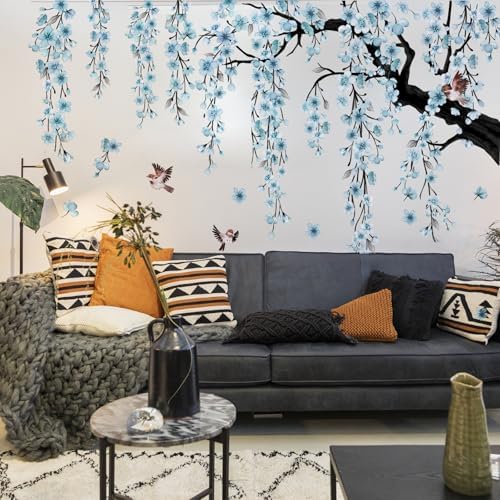 Cherry Blossom Tree Wall Decals with Birds, Large Removable Peel and Stick Flower Wall Stickers for Girls Room, Bedroom, Living Room Decor, 61.81 x 50.39 Inch, 4 Sheets (Blue) by Unknown