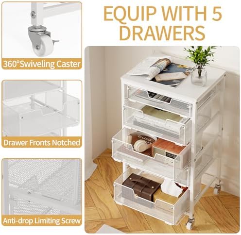 Sbanmao Utility Cart with 5 Drawers, Rolling Storage Cart with Wooden Tabletop and Lockable Wheels, Storage Drawer Cart with Drawers, Craft Cart for Bedroom, Classroom, Home, Office, White - Image 5